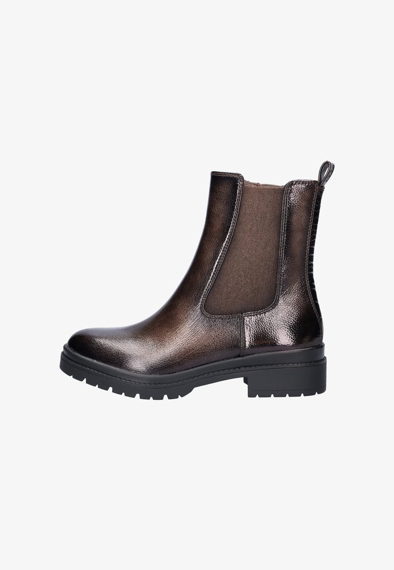 Bottines Chelsea métalliques marron avec une finition lisse, des panneaux latéraux élastiques et une semelle en caoutchouc noir épaisse. Présente une anse à l'arrière.