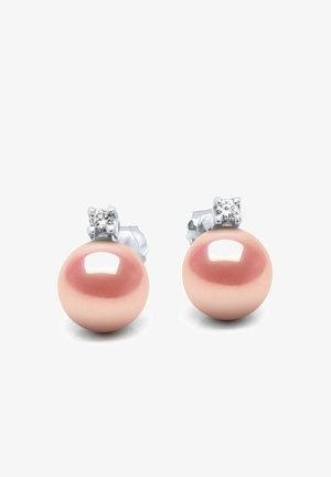 Rosafarbene Perlenstecker mit einer glatten, glänzenden Oberfläche, verziert mit kleinen Akzenten aus Zirkonia, montiert auf silberfarbenen Stegen.