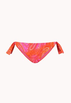 Braguita de bikini con estampado de cachemira en tonos rosa brillante y naranja, con lazos ajustables en los laterales.