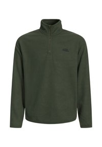 Pullover in pile verde scuro con colletto alto e zip frontale a metà. Presenta un piccolo logo nero sul petto. Maniche lunghe e vestibilità rilassata.