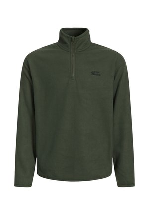 Pull en polaire vert foncé avec un col haut et une fermeture éclair sur le devant. Présente un petit logo noir sur la poitrine. Manches longues et coupe décontractée.