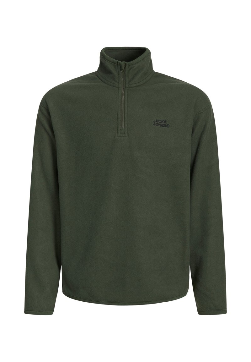 Pullover in pile verde scuro con colletto alto e zip frontale a metà. Presenta un piccolo logo nero sul petto. Maniche lunghe e vestibilità rilassata.