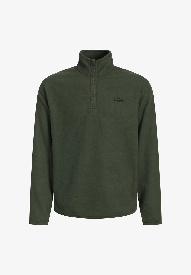Dunkelgrüner Fleece-Pullover mit hohem Kragen und halbem Reißverschluss auf der Vorderseite. Mit kleinem schwarzem Logo auf der Brust. Lange Ärmel und lockere Passform.