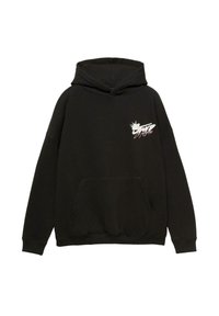 Črna majica s kapuco iz bombažne mešanice, z otrobnim žepom spredaj in belim grafičnim logotipom na levi strani prsnega koša.