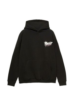 Crna majica s kapuljačom od pamučne mješavine, s prednjim džepom u stilu kengura i bijelim grafičkim logotipom na lijevoj strani prsa.