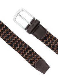 Spleciony pasek materiałowy w kolorze czarnym i brązowym z polerowaną srebrną klamrą. Posiada skórzane akcenty i stębnowanie na końcach.