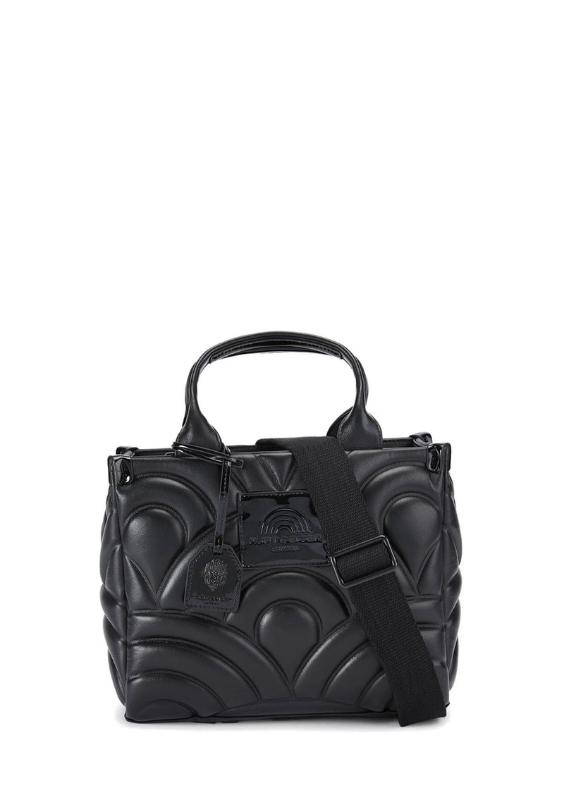 Borsa a mano nera con una texture a bolle e un design scallop, manici doppi e una tracolla rimovibile. Presenta una placca con logo e una finitura liscia.