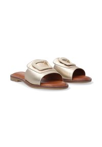 Metallic gold slide sandals with a wide strap featuring a decorative buckle, open toe design, and a tan leather insole. Flat sole.