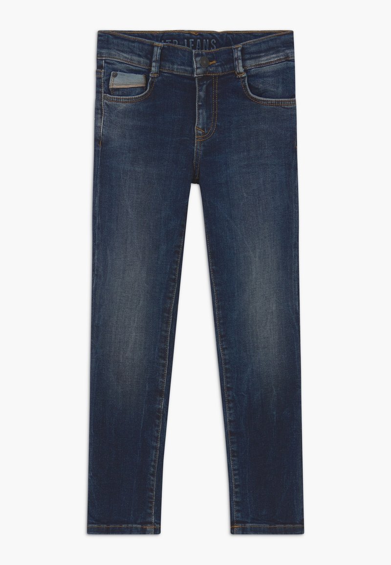 Jean slim bleu foncé avec détails délavés, bouton devant, fermeture éclair, deux poches avant et une poche à monnaie sur fond blanc.