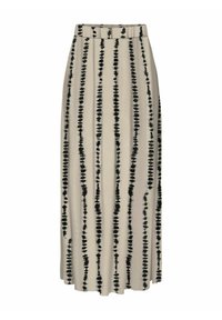 Lange beige Baumwollrock mit vertikalem schwarzen Spritzer-Druck, einem bequemen Bund und einem fließenden Design, das bis zum Boden reicht.