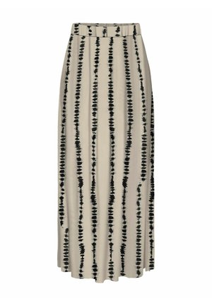 Lange beige Baumwollrock mit vertikalem schwarzen Spritzer-Druck, einem bequemen Bund und einem fließenden Design, das bis zum Boden reicht.