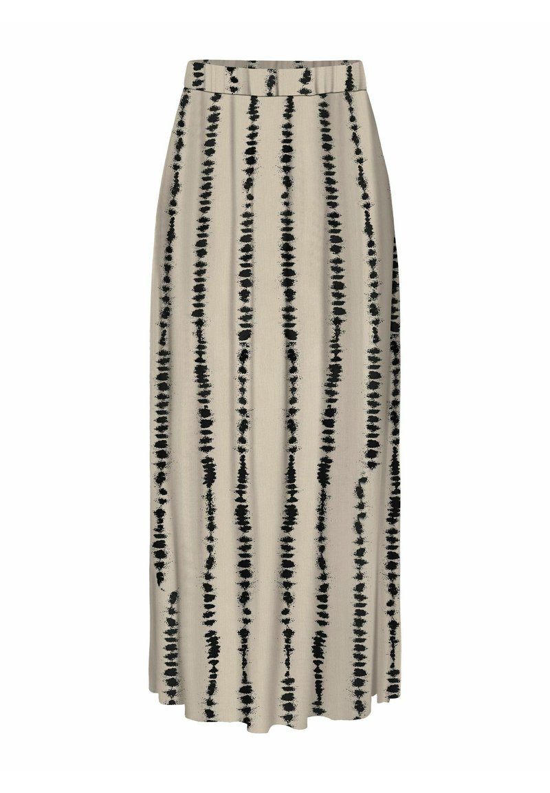 Lange beige Baumwollrock mit vertikalem schwarzen Spritzer-Druck, einem bequemen Bund und einem fließenden Design, das bis zum Boden reicht.