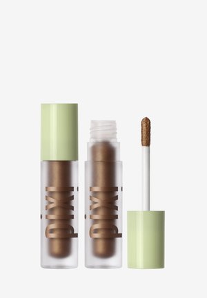 Vloeibare oogschaduw in een heldere tube met een groene dop; bronzen pigment, zachte applicatortip, met het merknaam "pixi" in het bruin.