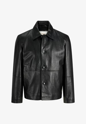 Black leather jacket with button front, classic collar, long sleeves, and side pockets, displayed against white background.