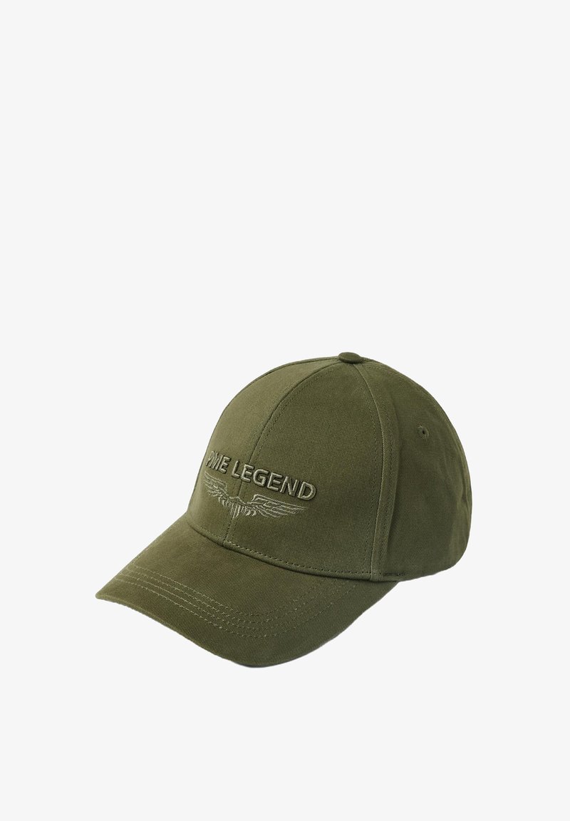 Zielona bawełniana czapka bejsbolowa z zakrzywionym daszkiem, z haftem "GAME LEGEND" z przodu, ozdobiona skrzydłami. Sześciopanelowa, usztywniona konstrukcja.