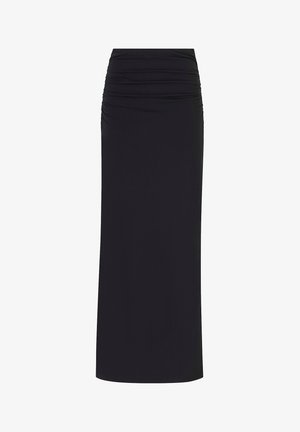 Black maxi skirt made of stretchy fabric with gathered detailing at the waist, featuring a sleek, long, and fitted silhouette.