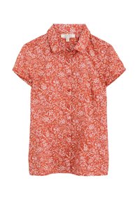 Kortärmad, krag skjorta i orange bomull med ett vitt blommönster och knäppning fram. Slät textur, skräddarsydd design.