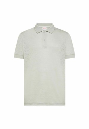 Polo a maniche corte grigio chiaro con due bottoni, colletto e polsini a coste, e logo discreto sul petto a sinistra.
