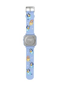 Blauwe siliconen horloge met een rechthoekige zilveren wijzerplaat, versierd met kleurrijke cartoonfiguren op de band, bevestigd met een metalen gesp.