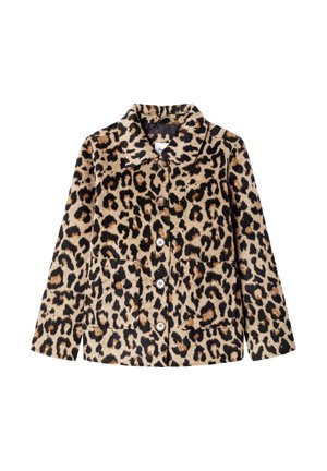 Leopardenmuster-Button-Up-Jacke mit langen Ärmeln, zwei Vordertaschen und einem Kragen in Brauntönen, Schwarz und Beige.