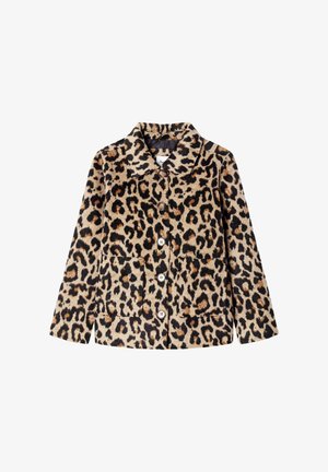 Jas met luipaardprint, knoopsluiting, lange mouwen, twee voorzakken en een kraag, in tinten bruin, zwart en beige.