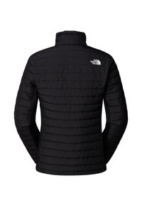 Black quilted jacket with long sleeves, standing collar, and white "The North Face" logo on the upper back right side.