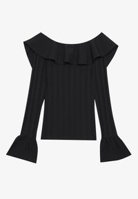 Svart off-the-shoulder topp med volangkant, lange ermer med utsvingte mansjetter og vertikal rillstruktur gjennom hele.