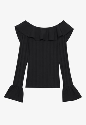 Schwarzes Off-Shoulder-Top mit rüschiertem Ausschnitt, langen Ärmeln mit ausgestellten Bündchen und vertikal gerippter Textur.