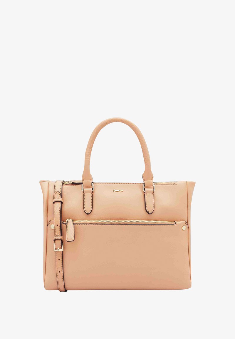 Beige leren handtas met twee bovenhandvatten, een afneembare schouderband en een voorvak met rits. Gladde textuur, gestructureerd ontwerp.