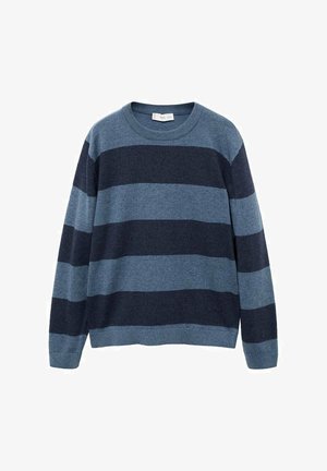 Blau gestreifter Pullover mit abwechselnden marineblauen und hellblauen horizontalen Streifen, geripptem Halsausschnitt, Bündchen und Saum, aus weichem Material.
