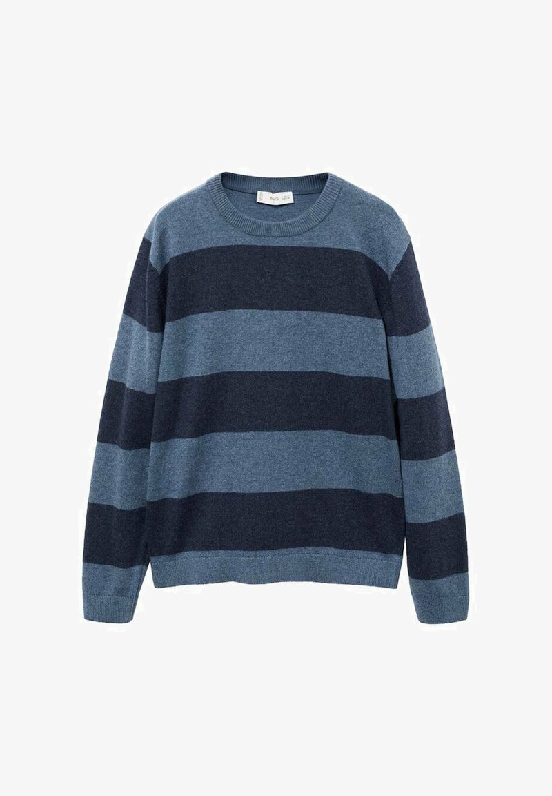 Maglione a righe blu con strisce orizzontali alternate di blu navy e blu chiaro, con colletto, polsini e orlo ribattuti, realizzato in materiale morbido.