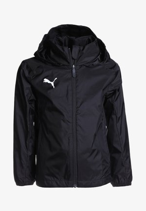 Veste légère noire avec capuche, fermeture éclair intégrale, poignets élastiques et logo Puma blanc sur la poitrine gauche. Fabriquée en matière résistante à l'eau.