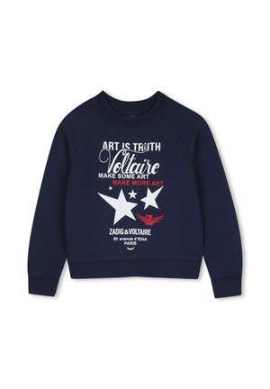 Marineblauwe sweatshirt met witte en rode tekst, sterren en een logo met de tekst "Art is Truth Voltaire Make More Art Zadig & Voltaire Paris."