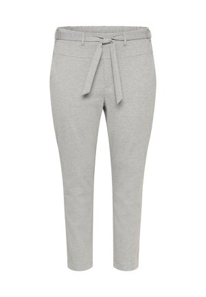 Heledad hallid püksid pehmest materjalist, millel on kinnitatud vöökoht, kitsenevad jalad ja nähtavad taskud või mustrid puuduvad.