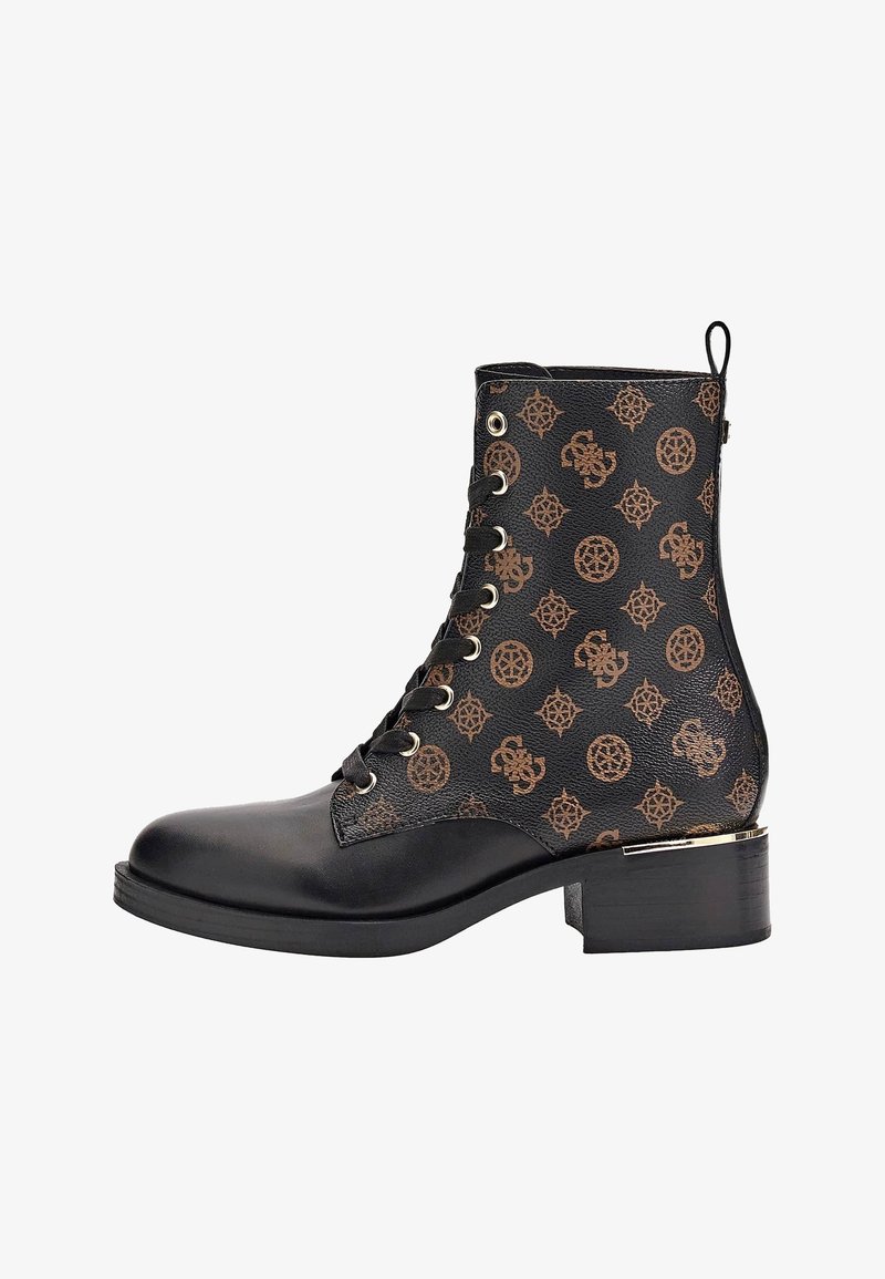 Bottine en cuir noire avec motif marron, laçage à l'avant, talon bloc et languette à l'arrière.