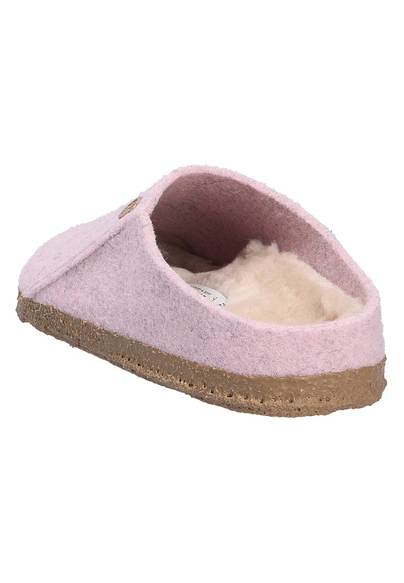 Helle rosa Filzschlappen mit weichem, beigem Futter und einer strukturierten braunen Korksohle. Offenes Rückendesign mit abgerundeter Zehenpartie und Seitennahtdetail.