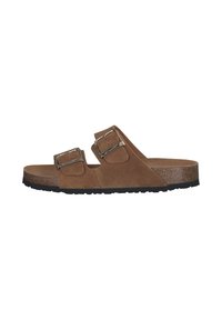 Barna suede szandál, két állítható csattal, parafa talppal, sötét gumi talppal és nyitott orral.