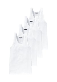 Vier weiße gerippte Tanktops mit runden Ausschnitten und ohne Ärmel, die eine weiche, glatte Textur aufweisen. Etiketten sind an den inneren Ausschnitten sichtbar.