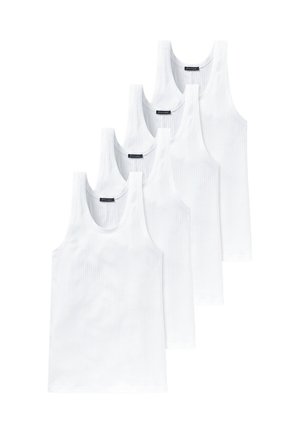 Fire hvide ribbede tanktops med runde halsudskæringer og ingen ærmer, der har en blød, glat tekstur. Etiketter synlige på den indvendige halsudskæring.