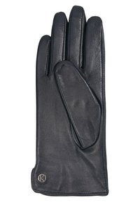 Guanto in pelle nera con un design elegante, tre dita allungate, superficie liscia e un piccolo logo accentato nella zona del polso.
