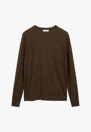 Brown knitted sweater with long sleeves and a round neckline, featuring a soft texture and a relaxed fit. No visible patterns or accents.