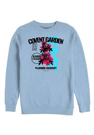 Lyseblå sweatshirt med sort og blå tekst "Covent Garden Flower Market 1901" og to lyserøde blomster i midterdesignet.