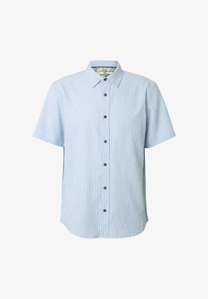 Light blue short-sleeve button-up shirt with thin vertical white stripes and a classic collar, displayed against a white background.