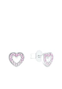 Orecchini a forma di cuore in metallo tono argento; presentano pietre rosa e trasparenti che circondano un cuore intagliato al centro. Chiusura a pressione.
