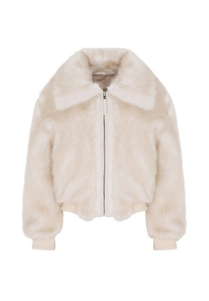 Veste en fausse fourrure couleur crème avec fermeture éclair devant, grand col, manches longues et poignets et ourlet côtelés.