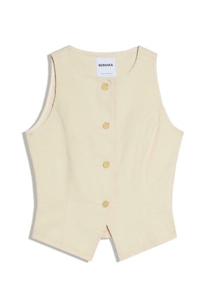 Ujjatlan bézs mellény kerek nyakkivágással, négy arany gombbal az elején, enyhe elválasztással elöl, Bershka márkajelzéssel.