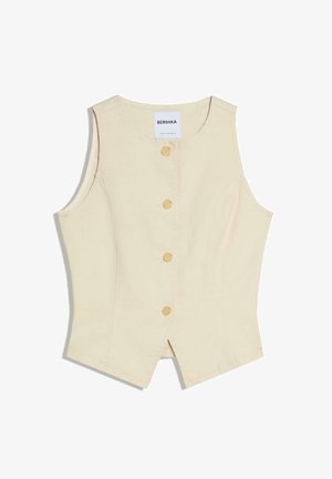 Gilet beige senza maniche con scollo rotondo, quattro bottoni dorati sul davanti e leggero spacco frontale, etichettato Bershka.