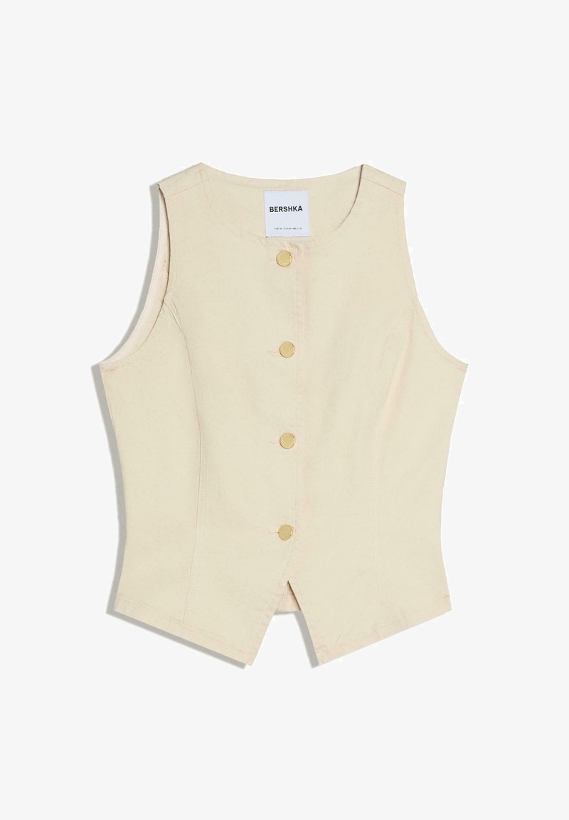 Gilet beige sans manches avec encolure ronde, quatre boutons dorés sur le devant et une légère fente à l'avant, étiqueté Bershka.