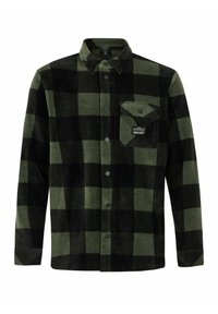 Flanellen shirt in donker groen en zwart geruit, met een borstzak en knoopsluiting. Voorzien van een kraag en lange mouwen. Zachte textuur.