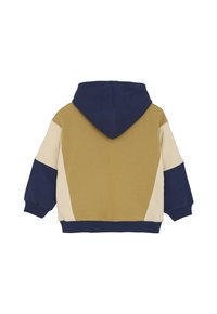 Capuchon sweatshirt in khaki, marineblauw en crème. Kenmerkt zich door een kleurblokontwerp met ribbels aan de manchetten en zoom. Zachte katoenmaterialen.